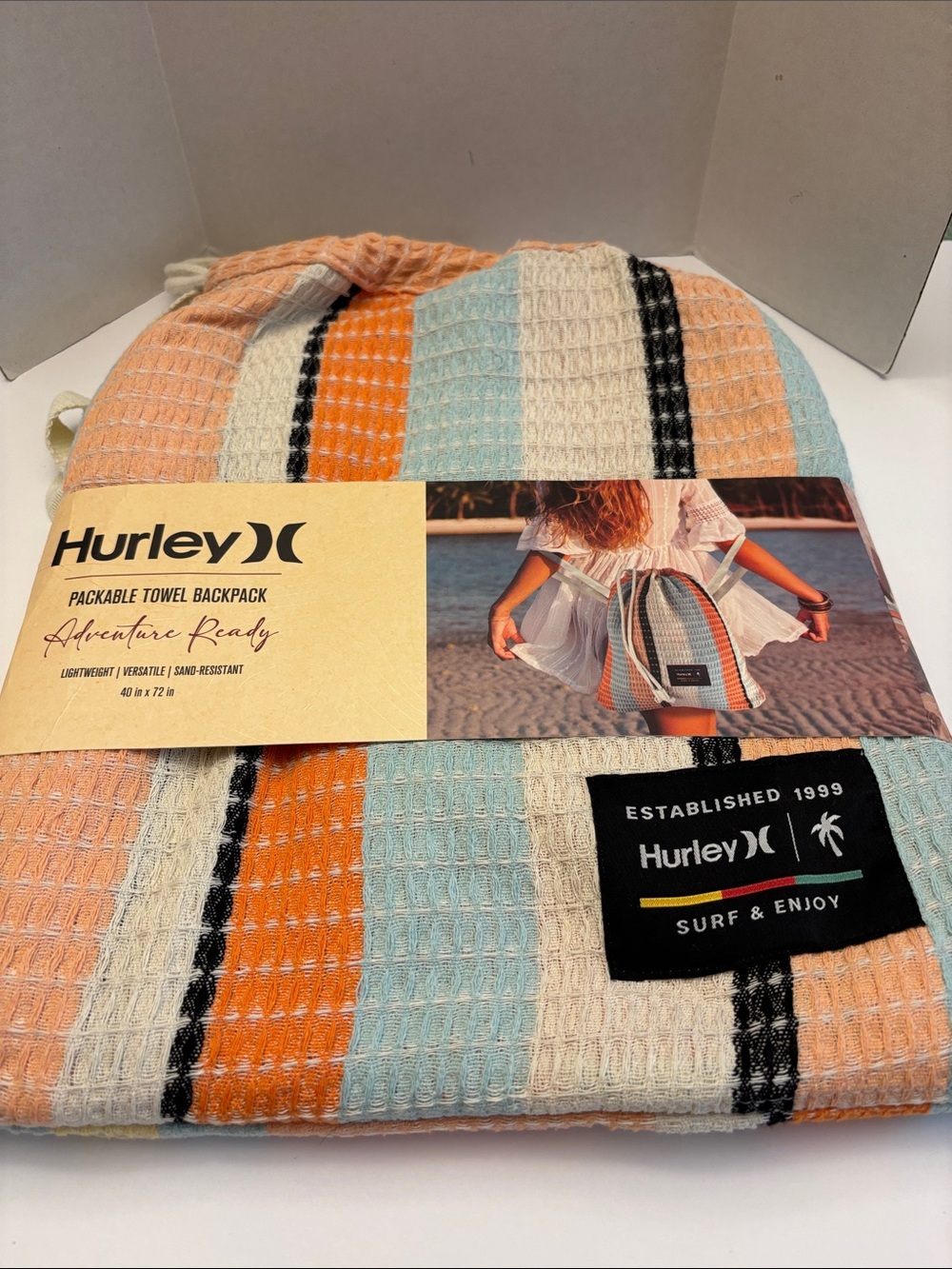 Hurley Striped Packable Towel Backpack - Orange, Light Blue, Cream, Black